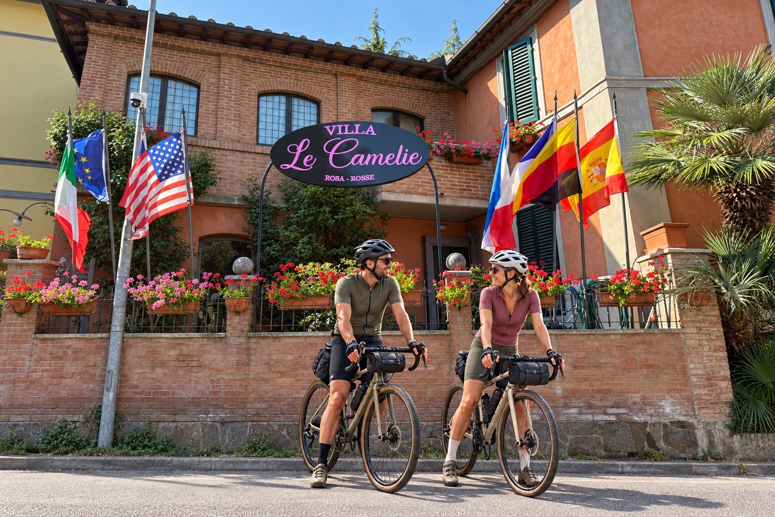 Fotomontaggio illustrativo con due ciclisti davanti a Villa Le Camelie